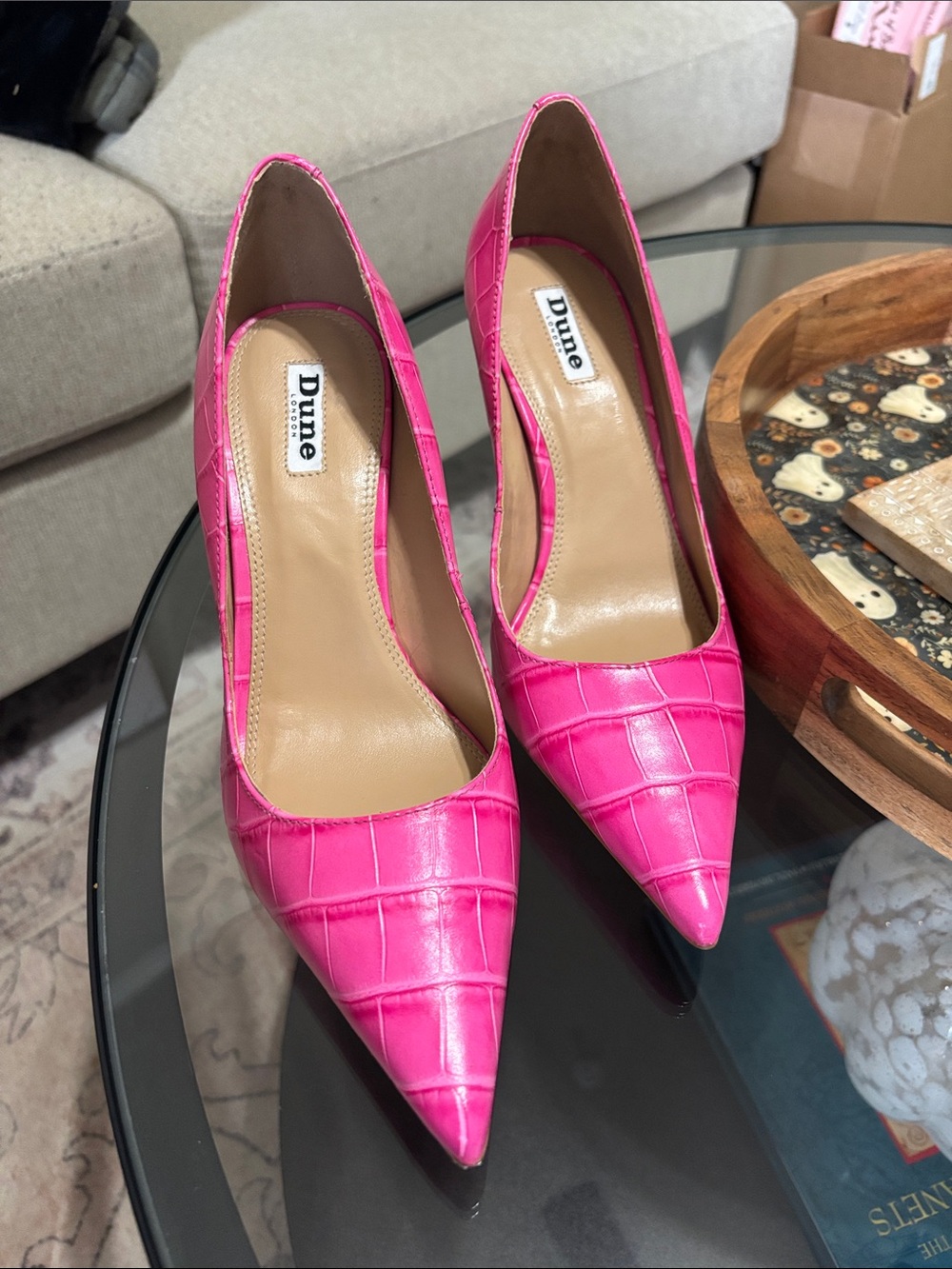 Dune Hot Pink Croc-Embossed Pointed Toe Heels